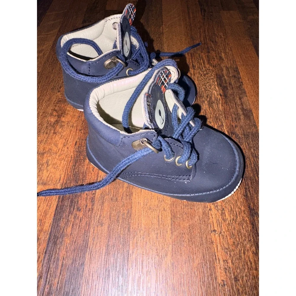 Goldbug Baby Bear Boots Navy Blue Plaid Ears Soft Sole Crib Shoes Size 2 6-9M